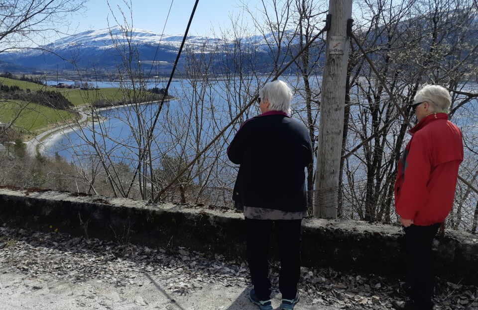 To eldre damer som står og ser på utsikta fra en vei ved fjorden.