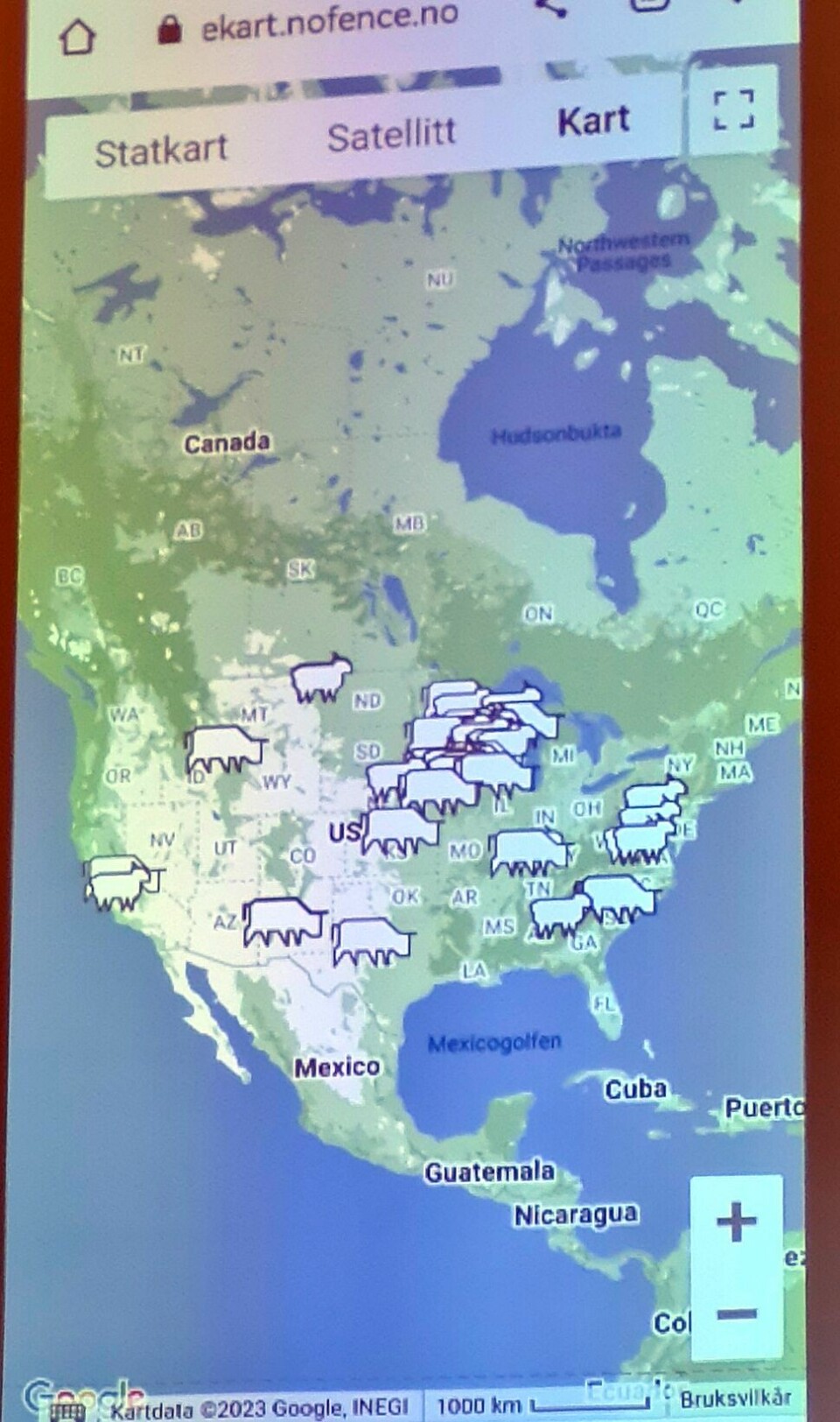 Kart over Nord-Amerika med markering av Nofence
