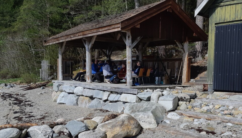 Stavgang til Haltbakken torsdag 16. mai En gapahuk på ei strand.