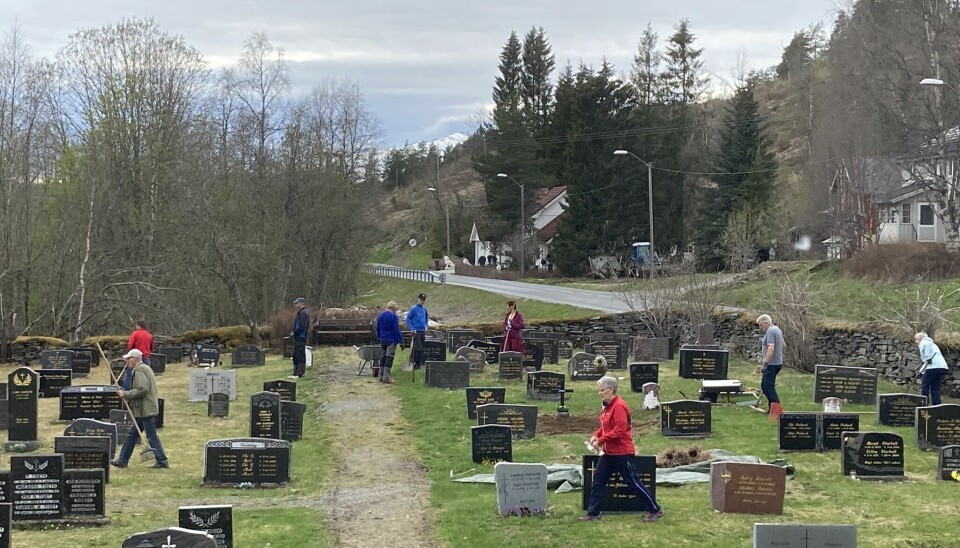 Dugnad på kirkegården ved Øvre Rindal kapell