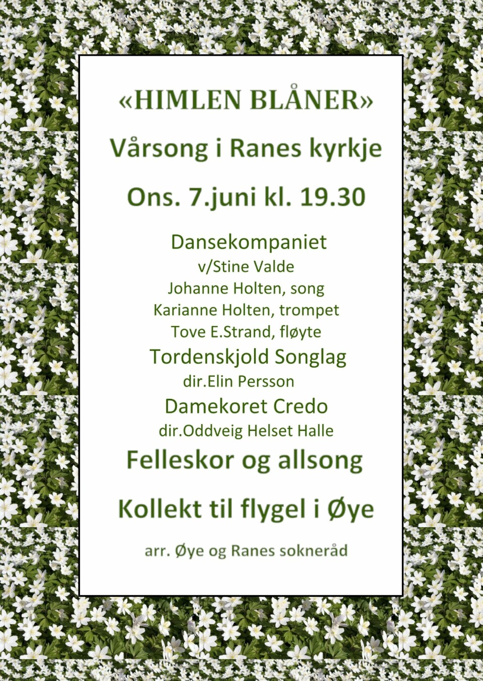 Plakat for vårsong i Ranes kyrkje onsdag 7. juni 2023