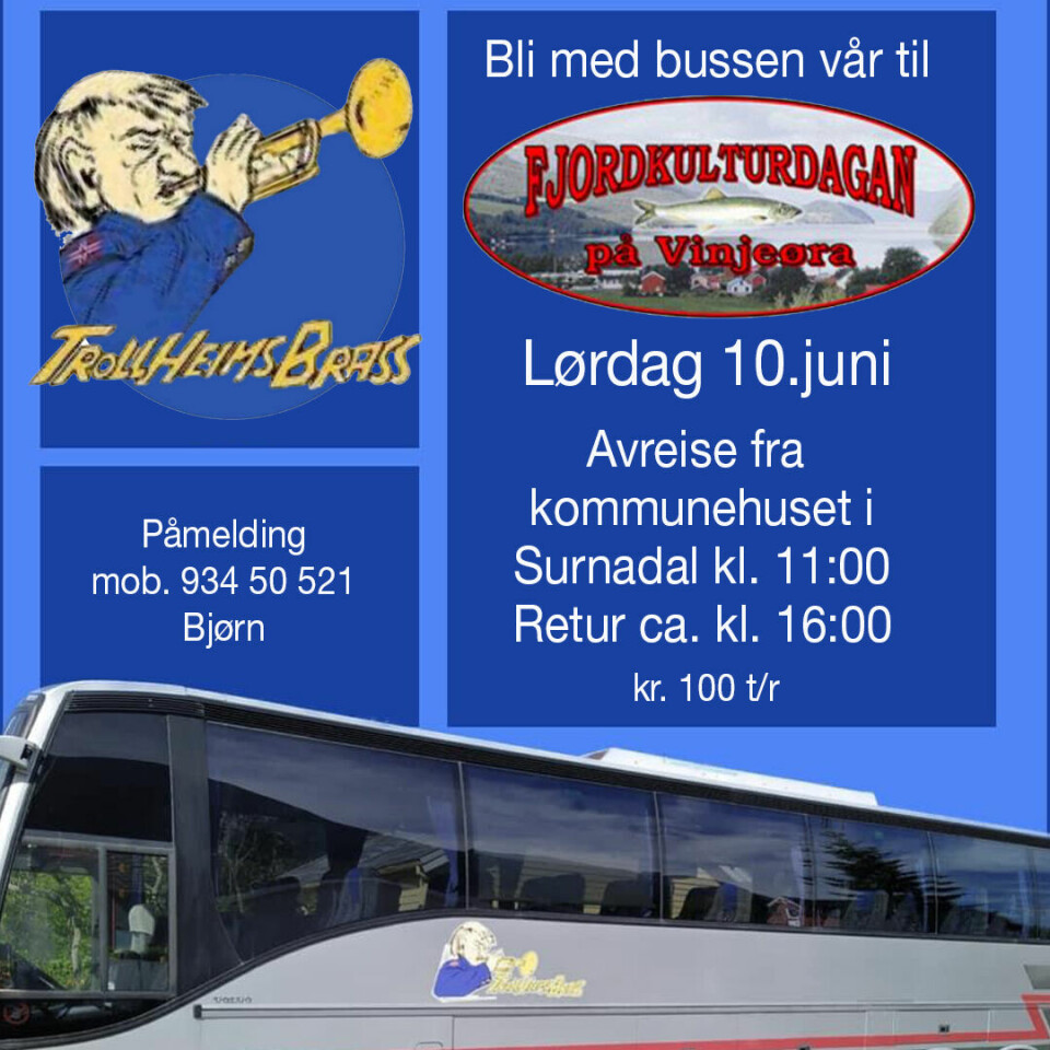 En blå plakat som annonserer for busstur
