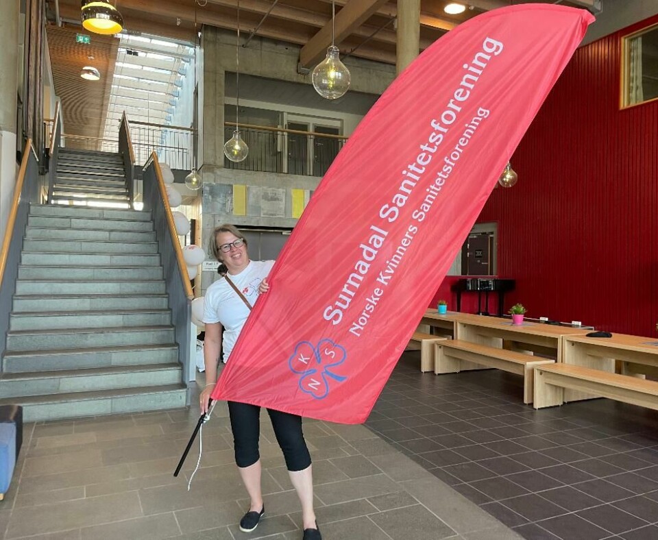 En dame som gliser mens hun holder en stang med en banner hvor det står 'Surnadal Sanitetsforening' og 'Norske Kvinners Sanitetsforening'