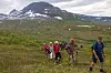Ei gruppe på nærmere 30 turkledde pensjonister med ryggsekker på rekke og rad på en sti på ei myr. Fjell i bakgrunnen.