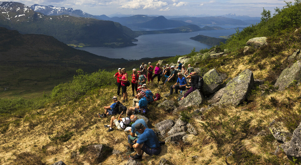 Ei gruppe på nærmere 30 turkledde pensjonister som har tatt en rast i ei fjellside. Fjord og fjell i bakgrunnen.