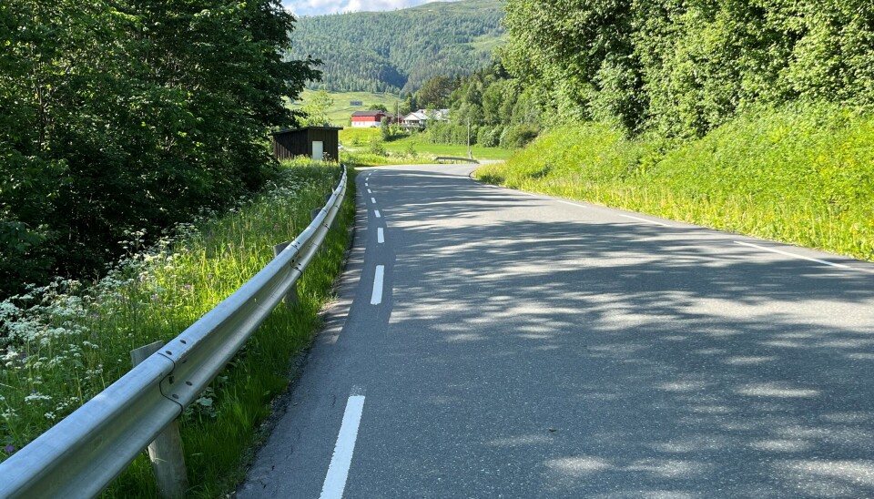 Blodsporene tyder på at rådyrkjeet ble slept mange meter, kanskje under en bil, før det endte i veggrøfta nede ved enden av dette autovernet. En asfaltveg med autovern på sida.