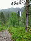 En tursti som leder gjennom skogen, i enden ser vi en foss