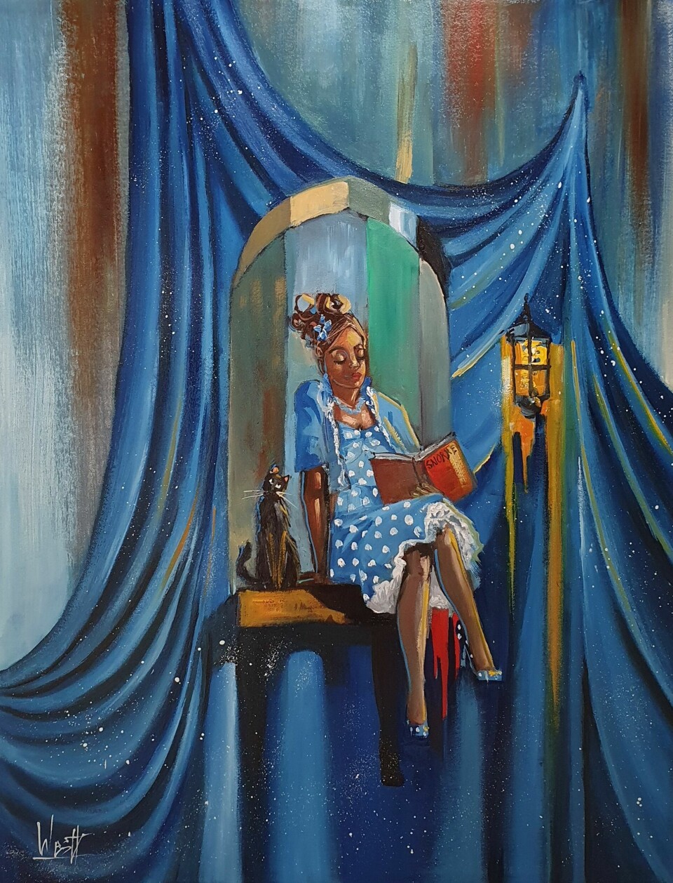 Et blått maleri med en kvinne som leser bok med en svart katt ved siden av seg
