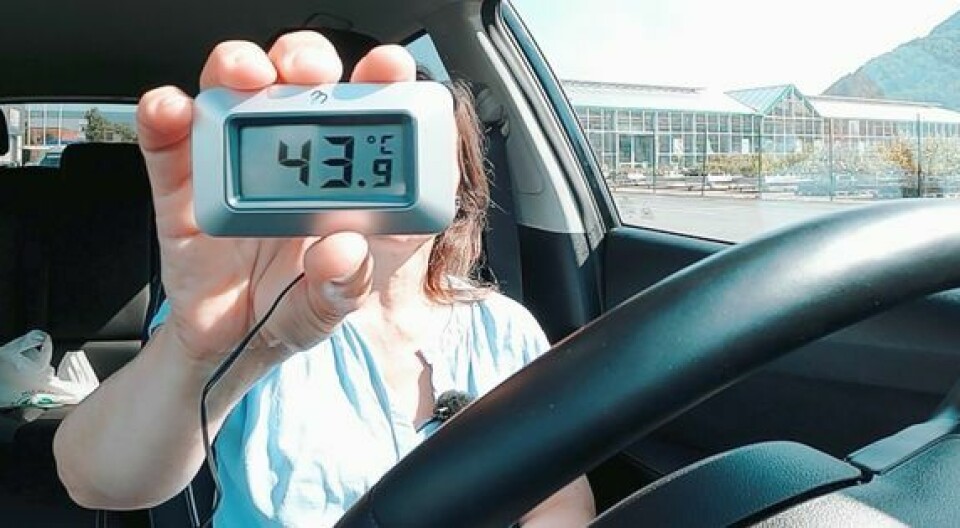 En kvinne sitter i en bil og holder frem et termometer som viser 43,9 grader celcius
