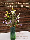En blomsterbukett med informasjon om gudstjeneste skrevet over