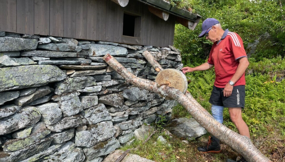 Tirsdagstur til Østbødalen En mann står ved en stein som ble brukt til å slipe kniver