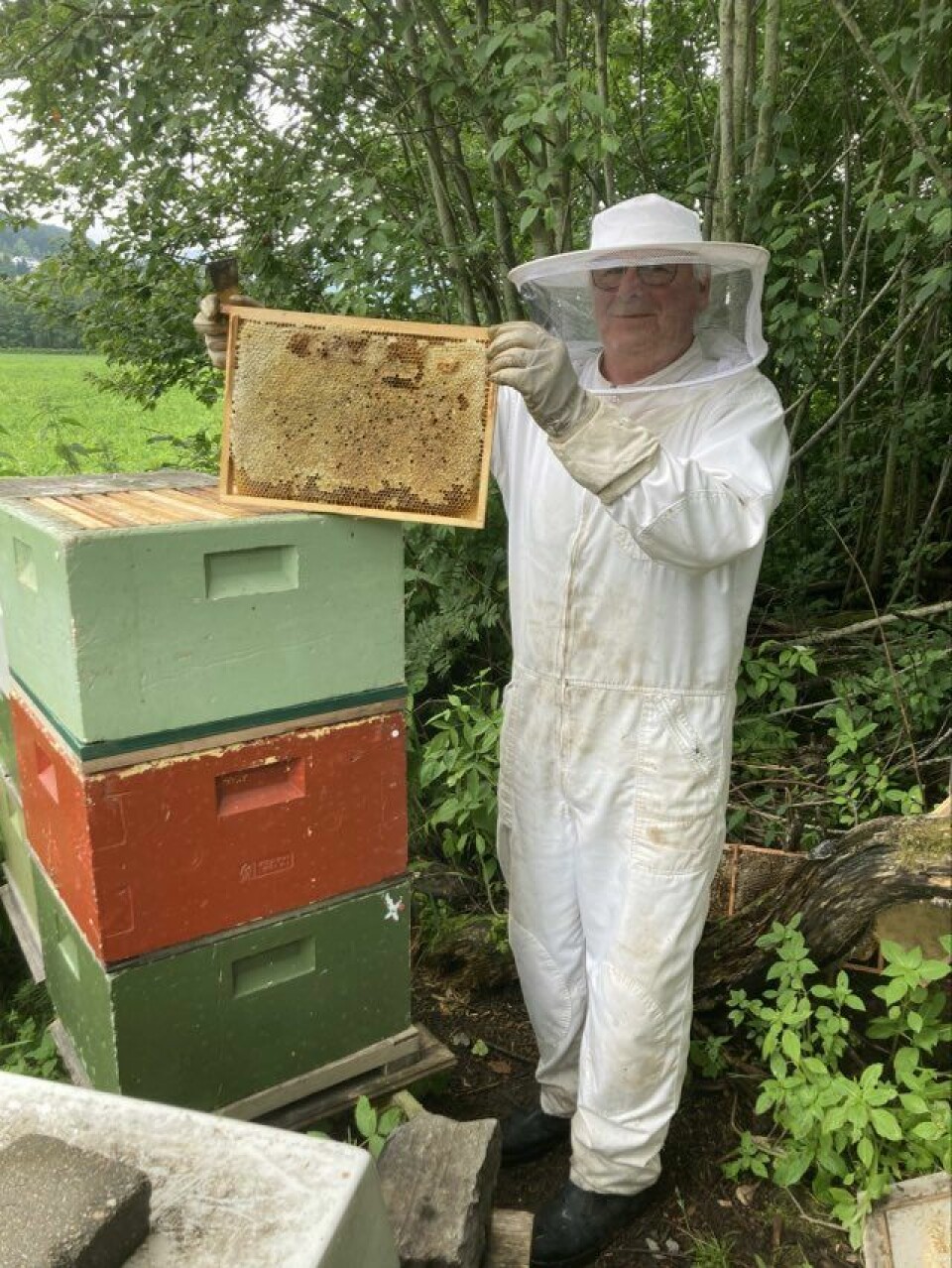 En mann i birøkter klær holder opp en tavle med honning