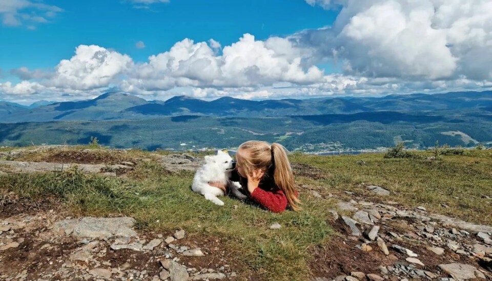 En liten jente ligger på et fjell og koser med en hvit hund.