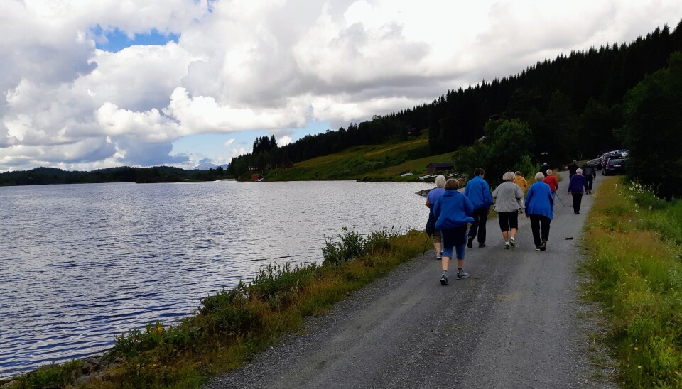 Mennesker går på en vei langs sjøen