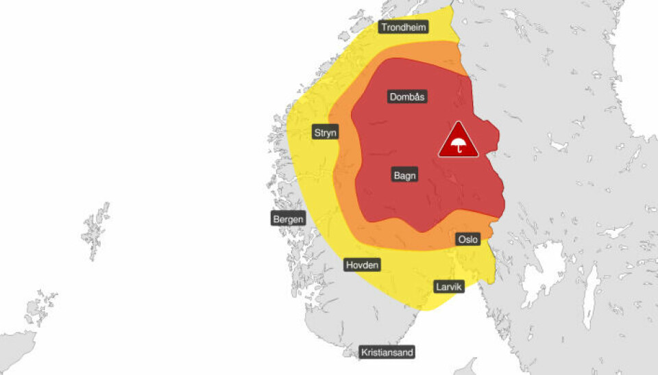Kartet viser området for ekstremværet Hans og omliggende områder for oransje og gult farevarsel