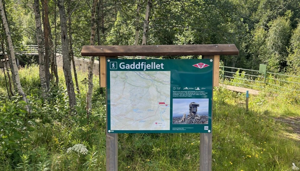 Et grønt informasjonsskilt ved skogen hvor det står Gaddfjellet og under er et kart over området