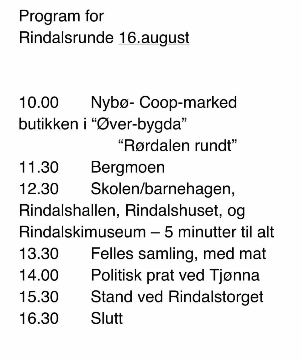 Et program som viser hvor Senterpartiet i Rindal skal være til hvilke tidspunkt