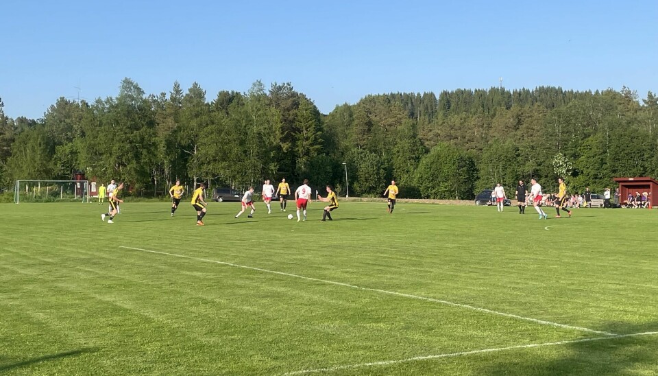 To fotballag spiller kamp på en grønn gressbane. Det ene laget har gule og sorte drakter, mens det andre har røde og hvite drakter.