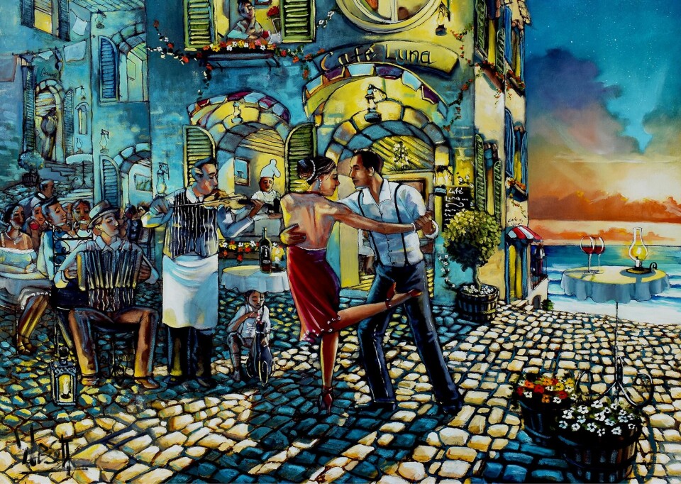 Maleri av et par som danser ute på gata ved en kafe.