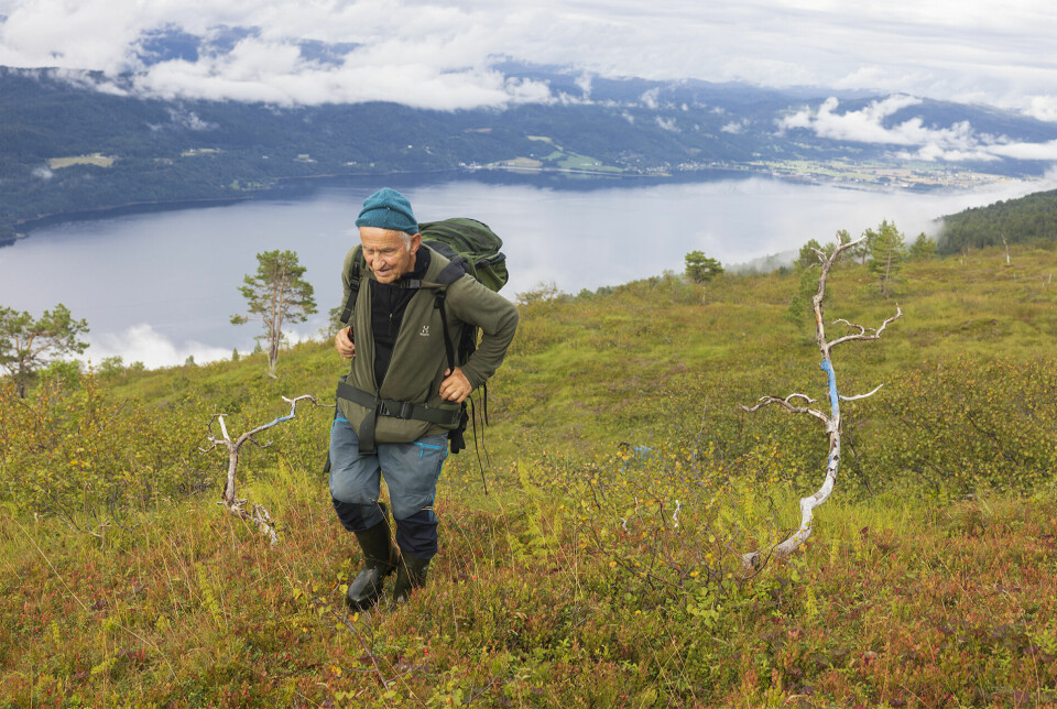 En turkledd mann som går oppover ei li. Fjord og fjell i bakgrunnen.