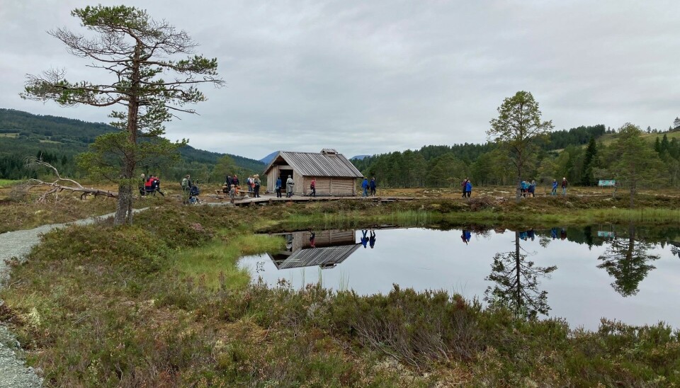 Tjønn, trær, gapahuk og mennesker.