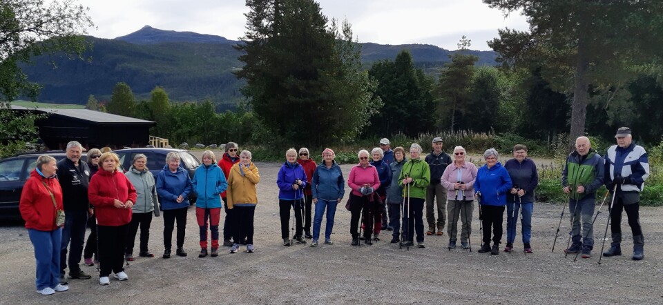Stavganggruppa - Arkivfoto Ei gruppe turkledde pensjonistar oppstilt på ei parkeringsplass.