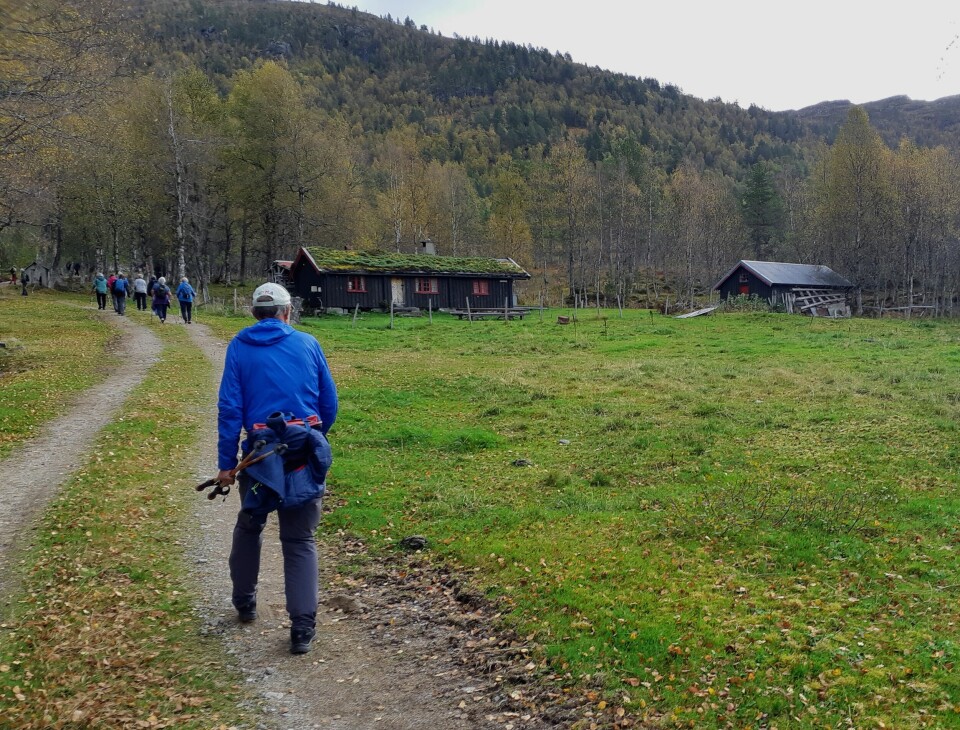 Ei gruppe turkledde pensjonister som går på en skogsvei forbi ei lita hytte med torvtak.