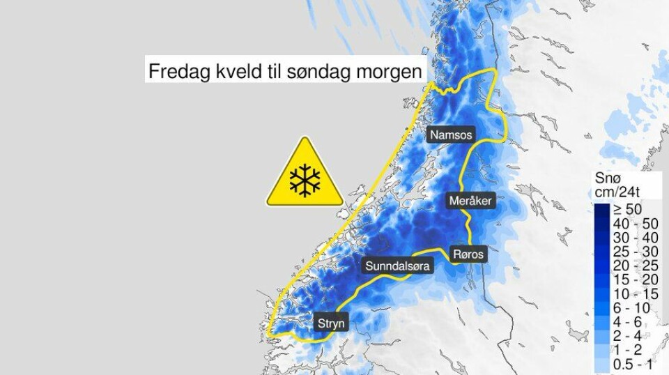 Det ventes snøbyger i fjellet fra fredag til søndag Et kart som viser blått over midtnorge med mengder snø som skal komme fredag kveld til søndag morgen.