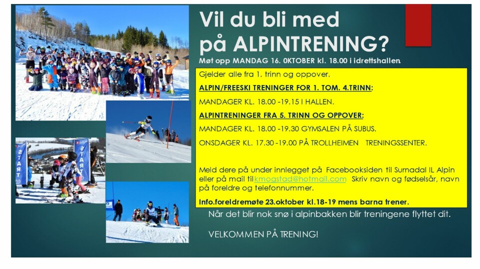 En plakat som viser reklame for Alpintrening.