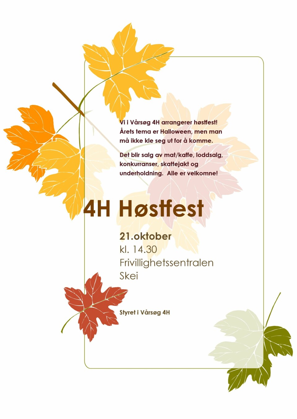 En plakat med høstblader med reklame for høstfest med 4H i Surnadal