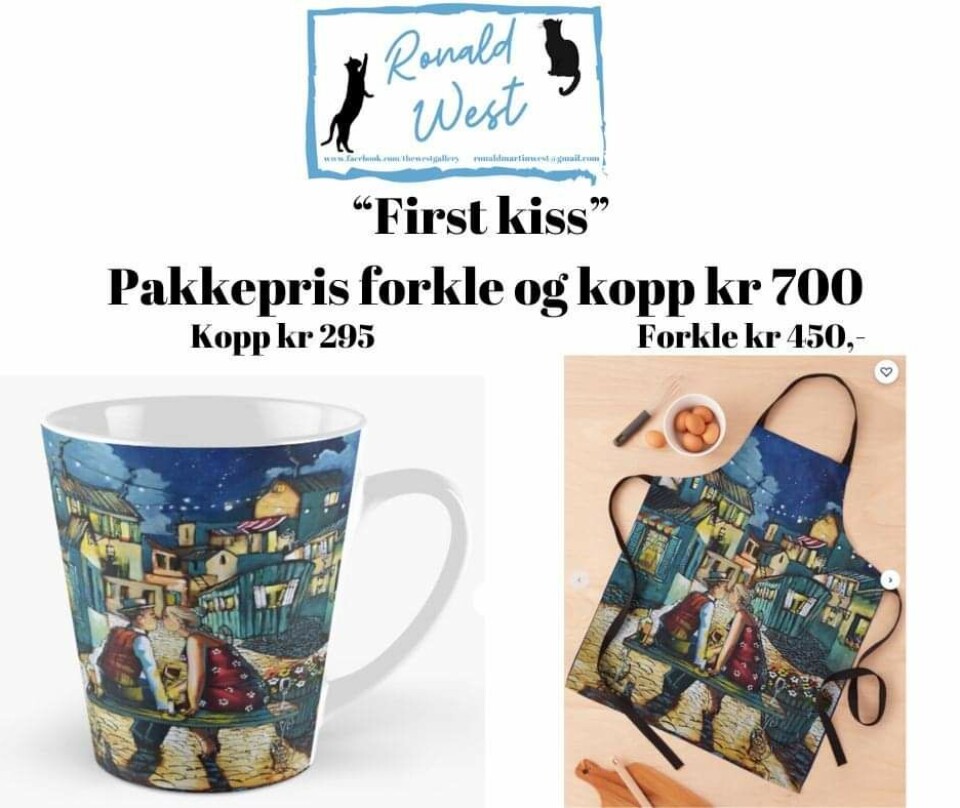 Gaveideer fra Dalalåven Pakkepris med et forkle og en kopp med motiv til 700 kr.