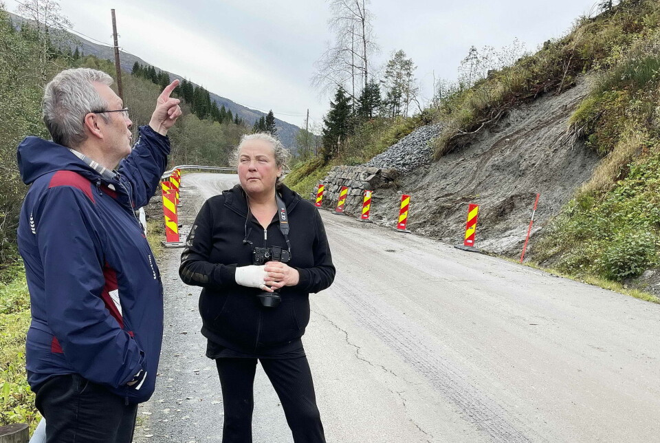 Bekymra for nye ras. Ingrid Kristine Holten Sollid og skribenten konstaterer at massane sit laust i skråningane nedafor Storhøybulia. Men fint rydda. En mann og ei dame som står og prater ved vegen, der det nylig har gått et ras i vegkanten.