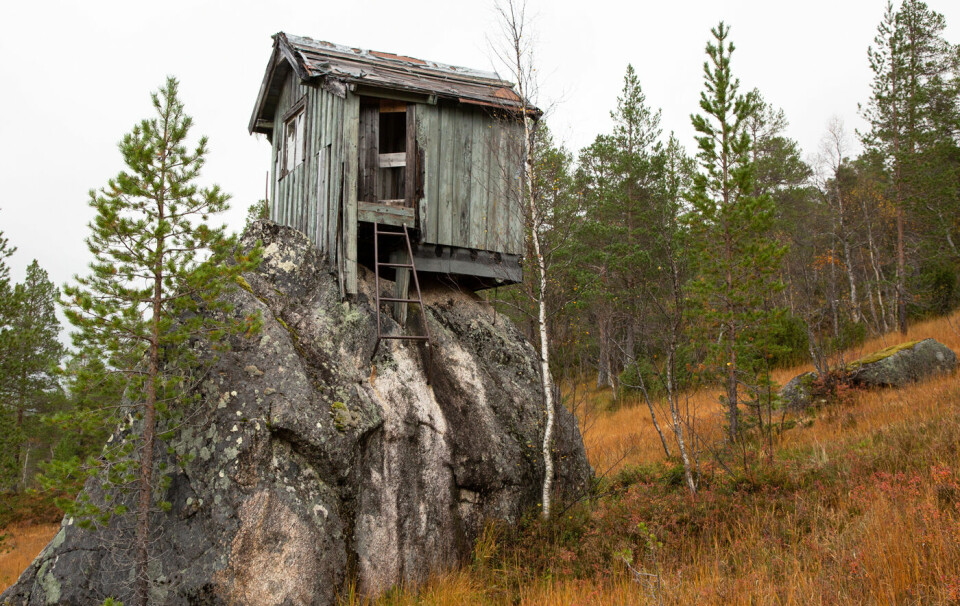 Ei gammel og falleferdig hytte oppå en stor stein. Steinen er naturlig nok større enn hytta.