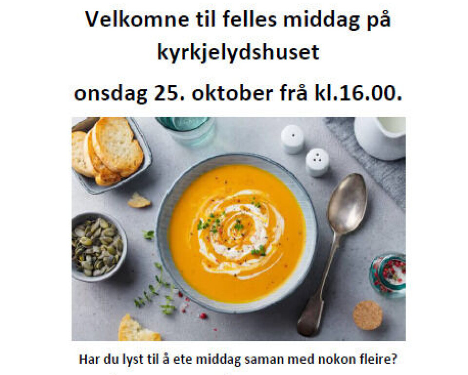 Velkomne til felles middag på kyrkjelydshuset