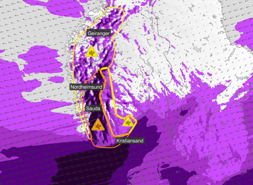 Et kart over Norge som viser sterk vind