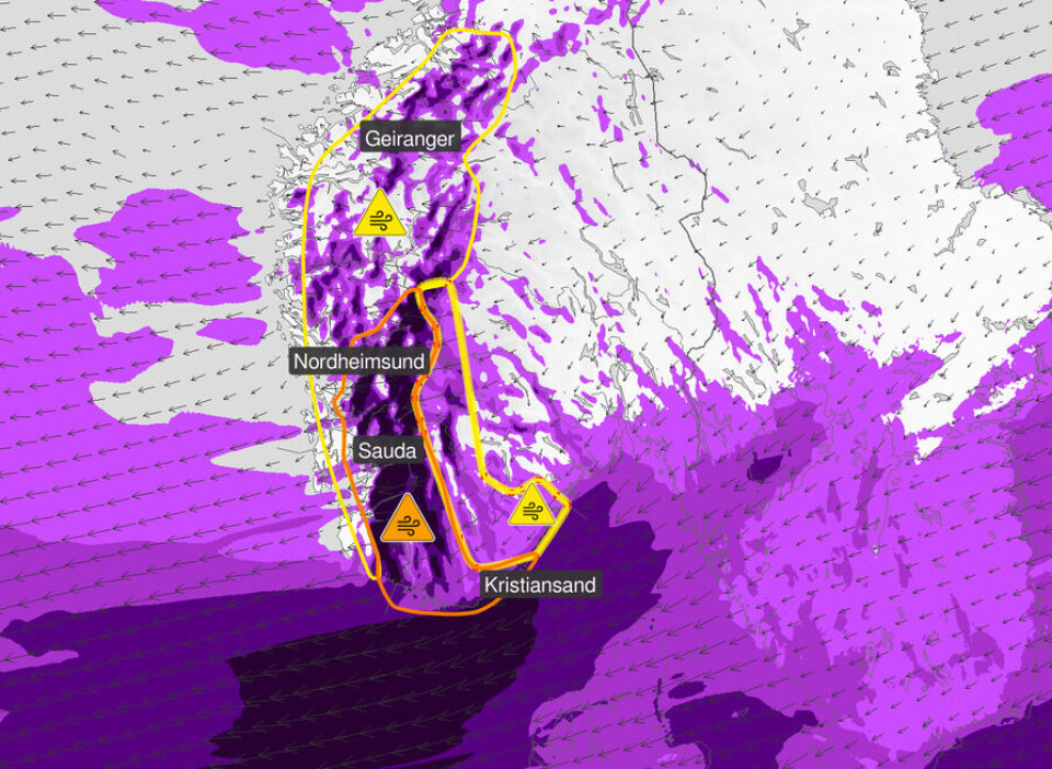 Ventes kraftige vindkast fredag Et kart over Norge som viser sterk vind