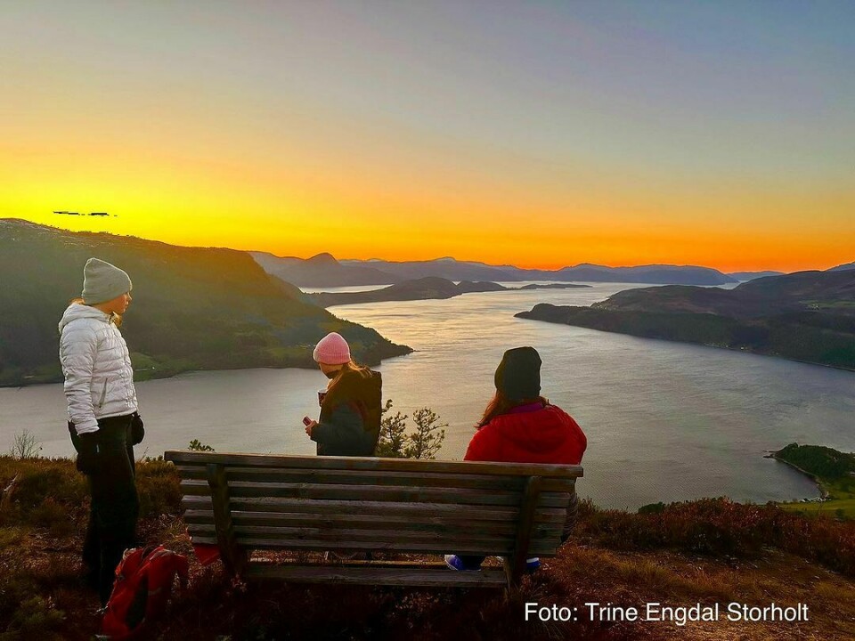 3 jenter sitter og står ved en benk med utsikt over fjorden i solnedgang