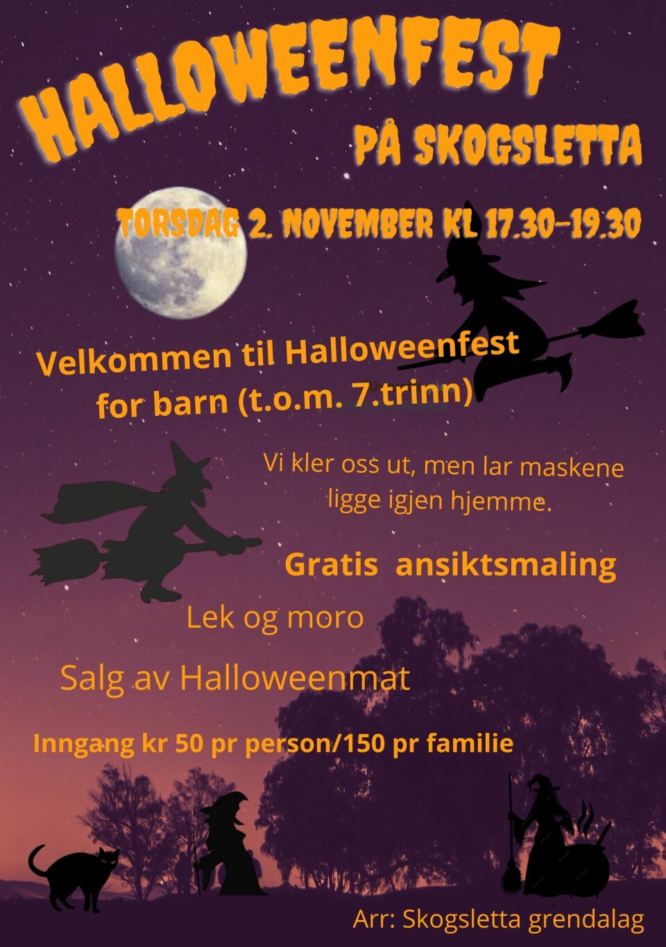 Plakat om Halloweenfets for barn på Skogsletta torsdag 2. november 2023 kl 17.30.