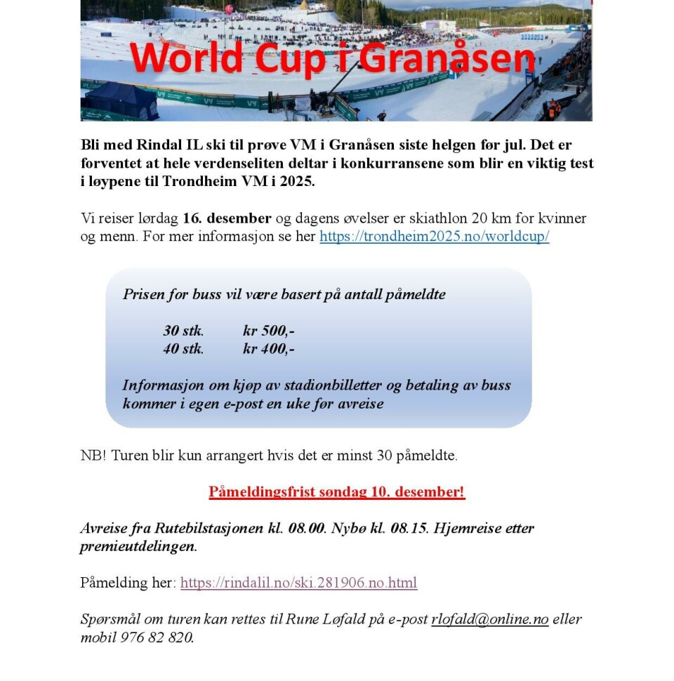 Busstur til WC i Granåsen Plakat med informasjon om World Cup i Granåsen 16. desember 2023.