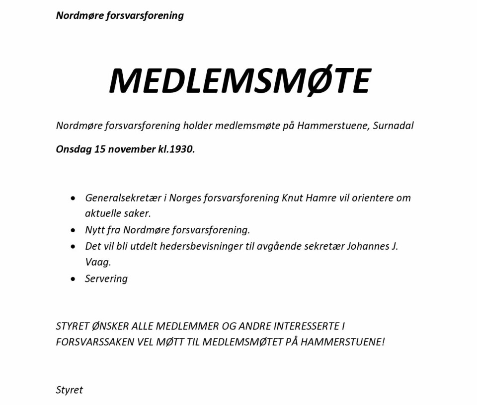 Medlemsmøte Nordmøre forsvardforening 15. november 19.30 på Hammerstuene