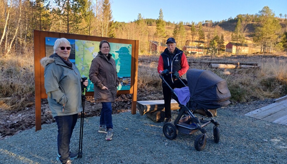 To kvinner og en mann med barnevogn på tur