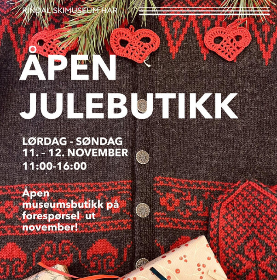 Åpen julebutikk på Rindal skimuseum Reklame for åpen julebutikk 11. og 12. november på rindal skimusem 11.00-16.00