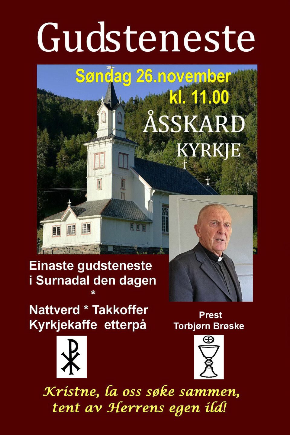 Gudsteneste - jau da! Plakat om gudstjeneste i Åsskard kirke søndag 26. november kl 11.