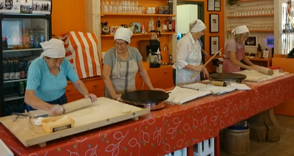 tre kvinner baker bak disken på Rindal skimuseum