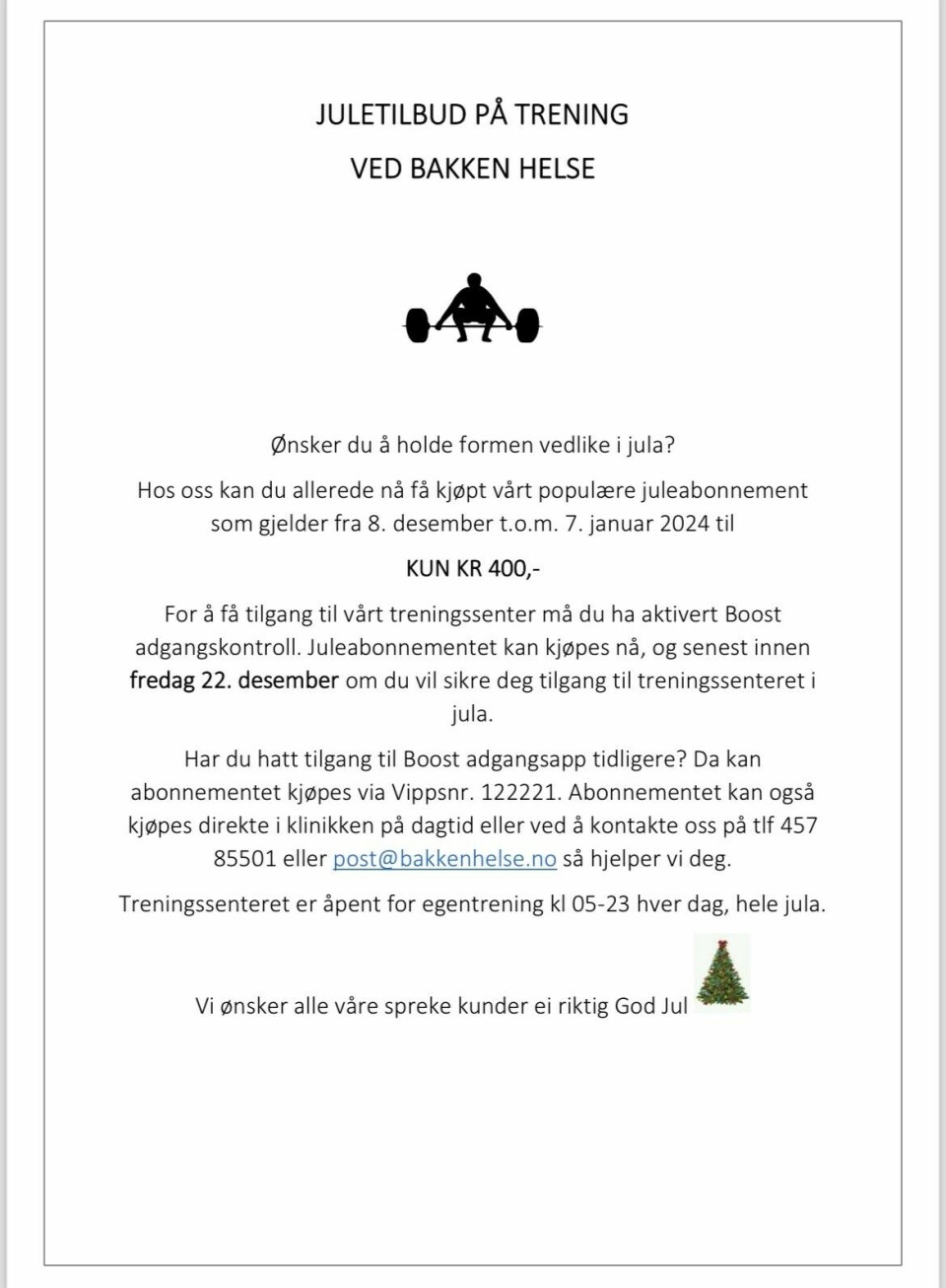 Plakat om juletilbud på trening ved Bakken Helse.