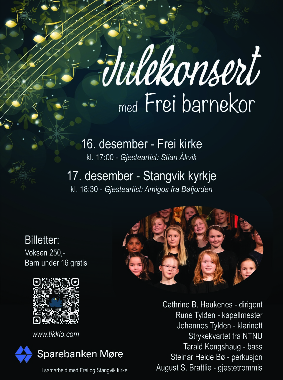 Plakat om julekonsert med Frei barnekor og Amigos i Stangvik kirke 17. desember 2023
