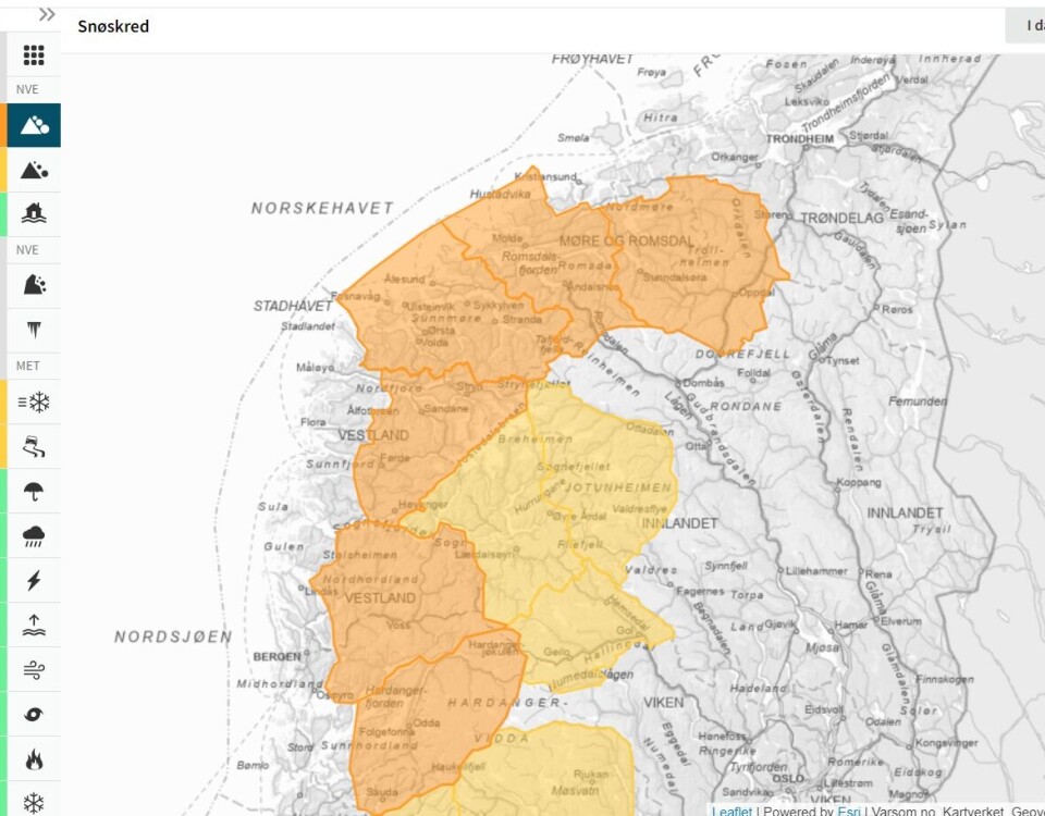 Et kart der snøskredfare er avmerket-