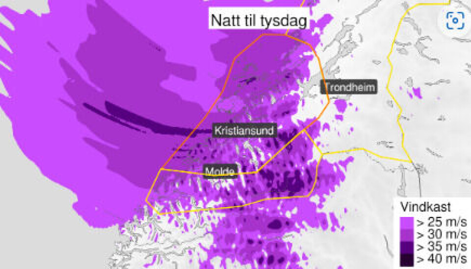 Svært kraftige vindkast i Møre og Trøndelag på tirsdag