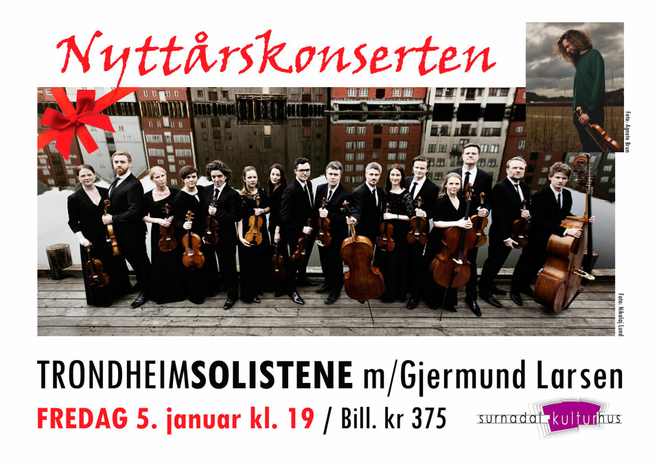 Plakat om nyttårskonsert med trondheimsolistene med Gjermund Larsen i Surnadal kulturhus fredag 5. januar kl 19. Bill kr 375