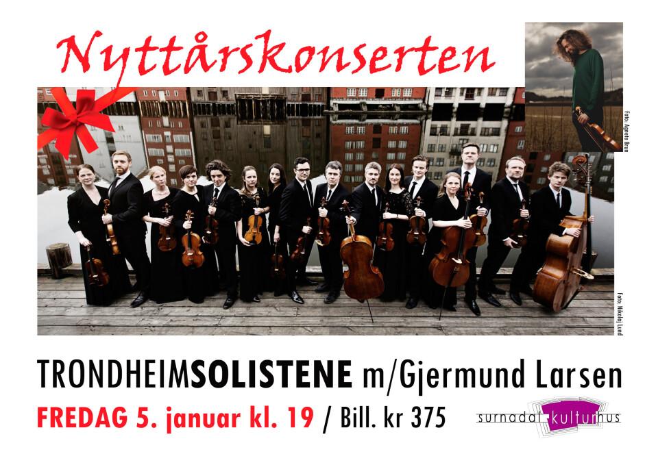 Plakat om nyttårskonsert med trondheimsolistene med Gjermund Larsen i Surnadal kulturhus fredag 5. januar kl 19. Bill kr 375